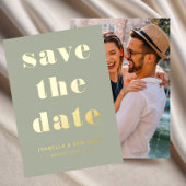 De moderne groene foto bewaart de datum goud folie uitnodiging