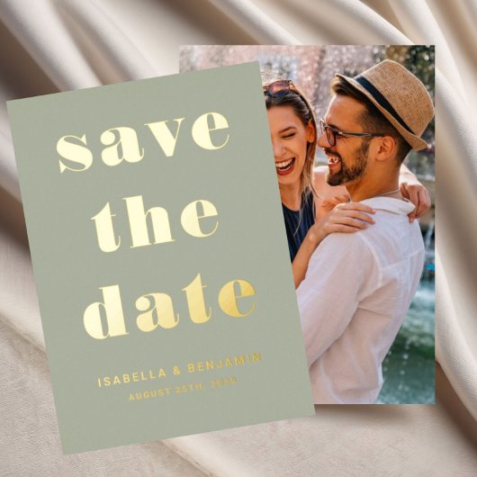 De moderne groene foto bewaart de datum goud folie uitnodiging