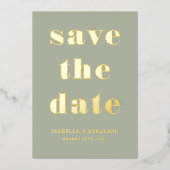 De moderne groene foto bewaart de datum goud folie uitnodiging (Voorkant)