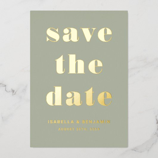 De moderne groene foto bewaart de datum goud folie uitnodiging (Voorkant)