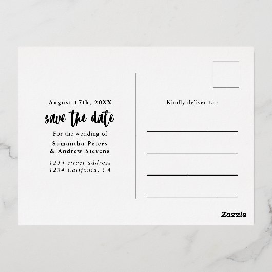 De moderne manuscriptbruiloft bewaart het goud van folie uitnodiging briefkaart (Achterkant)