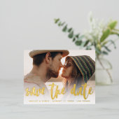 De moderne manuscriptbruiloft bewaart het goud van folie uitnodiging briefkaart (Staand Voorkant)