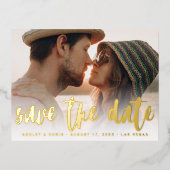 De moderne manuscriptbruiloft bewaart het goud van folie uitnodiging briefkaart (Voorkant)