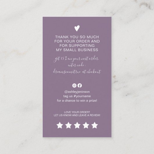 De moderne manuscriptQR code paarse orde bedankt u Visitekaartje (Achterkant)