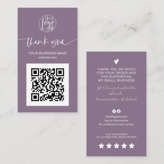 De moderne manuscriptQR code paarse orde bedankt u Visitekaartje (Voorkant / Achterkant)