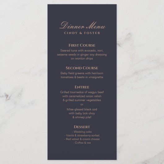 De moderne Navy en Roos Gold Wedding Menu (Voorkant)
