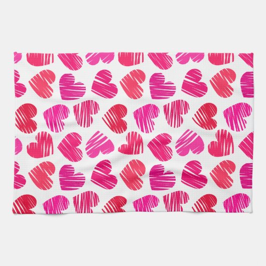 De moderne rode en roze Doodled Hearts Valentijn Theedoek (Horizontaal)