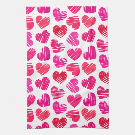 De moderne rode en roze Doodled Hearts Valentijn Theedoek (Verticaal)