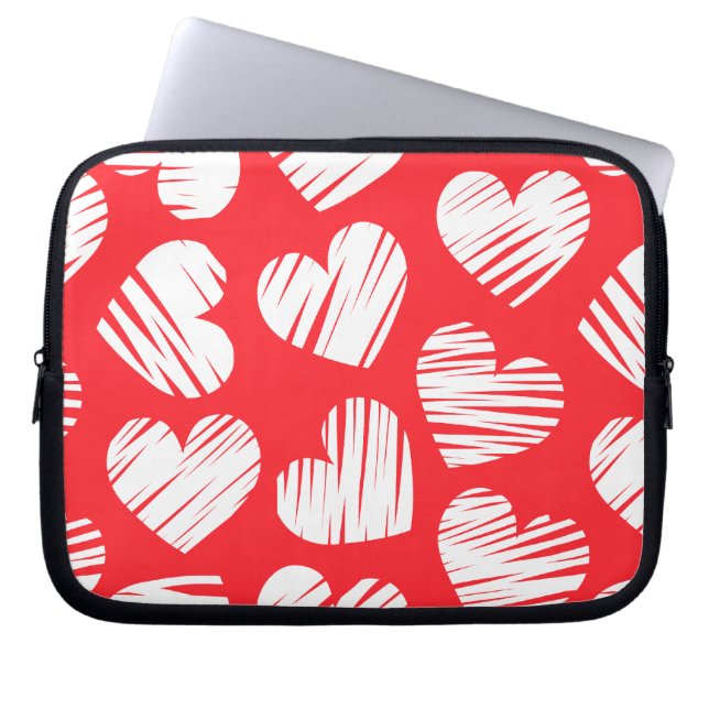 De moderne rood-witte Doodled Heart Valentijnsdag Laptop Sleeve (Voorkant)