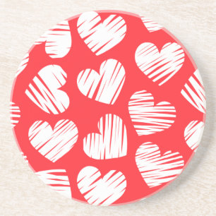De moderne rood-witte Doodled Heart Valentijnsdag Zandsteen Onderzetter