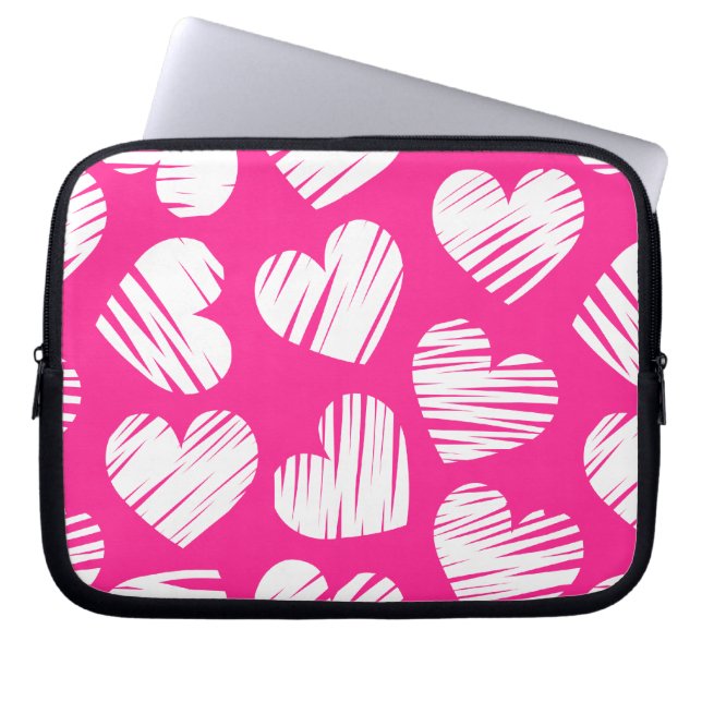 De moderne roze en witte Doodled Heart Valentijnsd Laptop Sleeve (Voorkant)