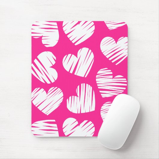 De moderne roze en witte Doodled Heart Valentijnsd Muismat (Met muis)