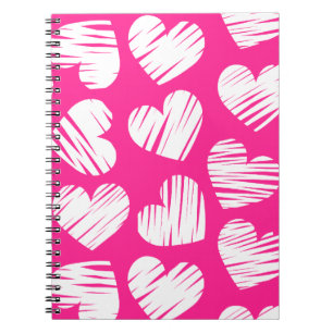 De moderne roze en witte Doodled Heart Valentijnsd Notitieboek
