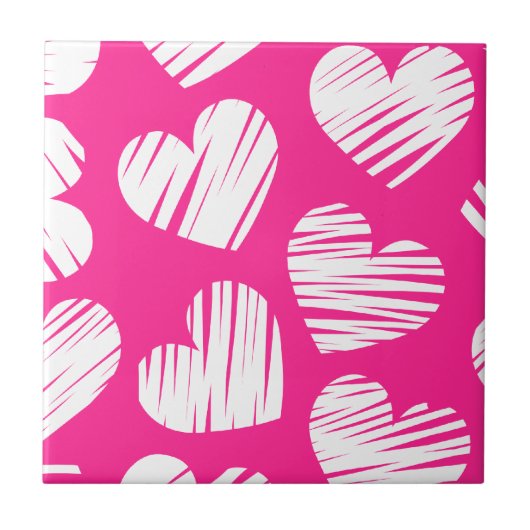 De moderne roze en witte Doodled Heart Valentijnsd Tegeltje (Voorkant)