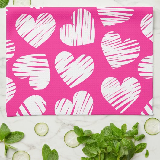 De moderne roze en witte Doodled Heart Valentijnsd Theedoek (Gevouwen)