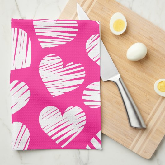 De moderne roze en witte Doodled Heart Valentijnsd Theedoek (Quarter Fold)
