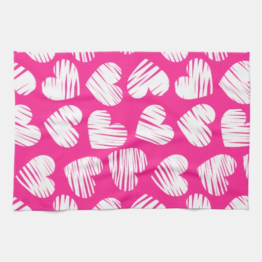 De moderne roze en witte Doodled Heart Valentijnsd Theedoek (Horizontaal)