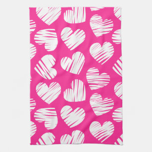 De moderne roze en witte Doodled Heart Valentijnsd Theedoek