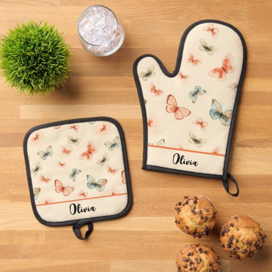 De moderne Waterverf Boho Butterflies Ovenwant & Pannenlap Set (Top down)