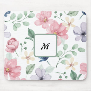 De moderne Waterverf Roze Bloemen Monogrammed Muis Muismat
