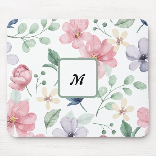 De moderne Waterverf Roze Bloemen Monogrammed Muis Muismat (Voorkant)