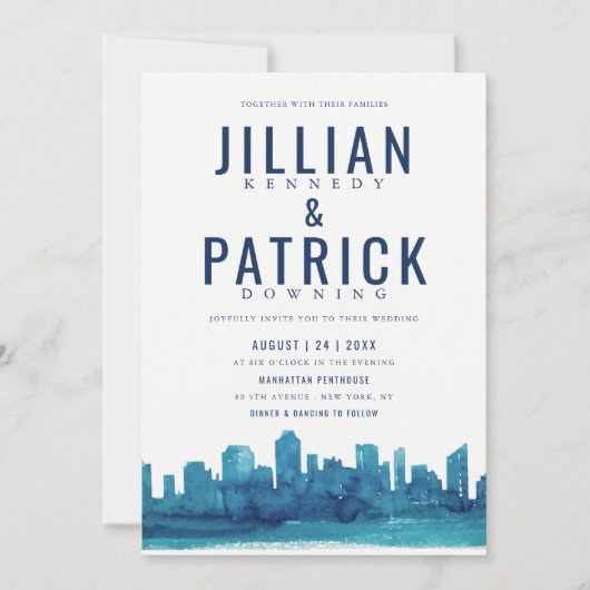 De moderne Waterverf skyline bruiloft Kaart (Voorkant)