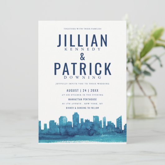 De moderne Waterverf skyline bruiloft Kaart (Staand voorkant)