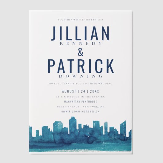 De moderne Waterverf skyline bruiloft Vellum Uitnodigingen (Voorkant)