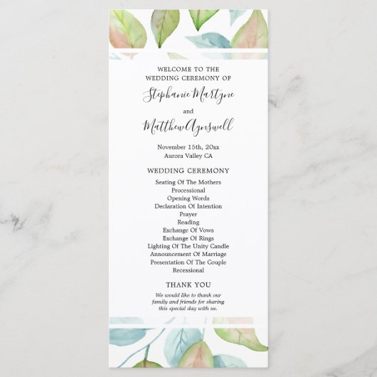De moderne Waterverf verlaat loof trouwceremonie Programmakaart (Voorkant)
