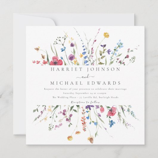 De moderne Wildflower Lijst Square bruiloft Kaart (Voorkant)