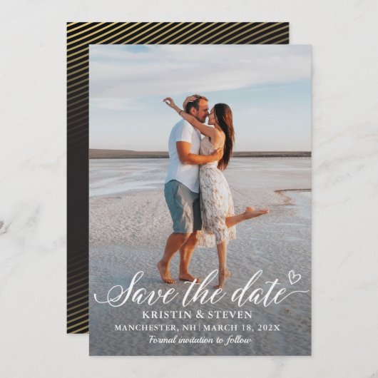 De moderne zwarte goudfoto van het Manuscript spar Save The Date (Voorkant / Achterkant)