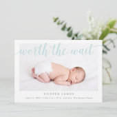 De moeite waard om te wachten Foto Geboorteaankond Aankondiging (Staand voorkant)