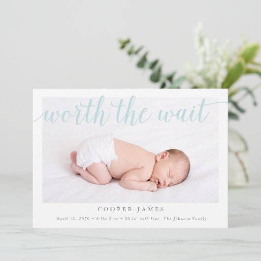 De moeite waard om te wachten Foto Geboorteaankond Aankondiging (Staand voorkant)