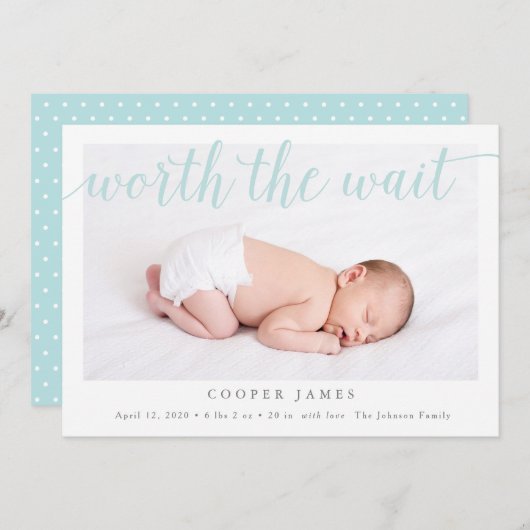 De moeite waard om te wachten Foto Geboorteaankond Aankondiging (Voorkant / Achterkant)