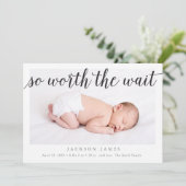 De moeite waard om te wachten Foto Geboorteaankond Aankondiging (Staand voorkant)