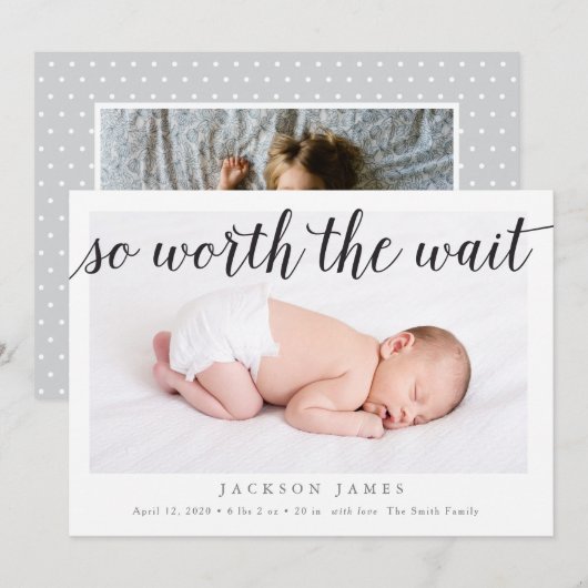 De moeite waard om te wachten Foto Geboorteaankond Aankondiging (Voorkant / Achterkant)