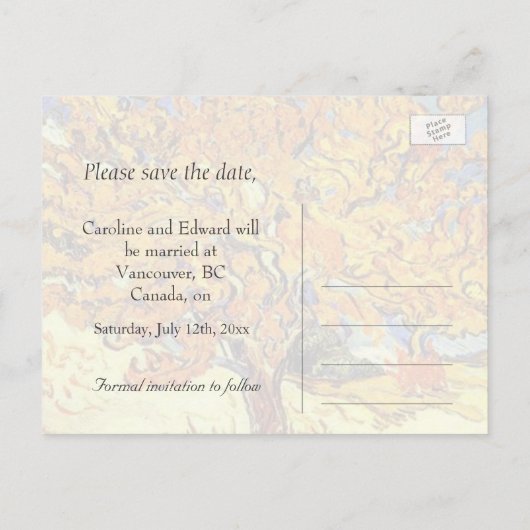 De moerbeenboom bewaart de datum briefkaarten. Vin Aankondigingskaart (Achterkant)