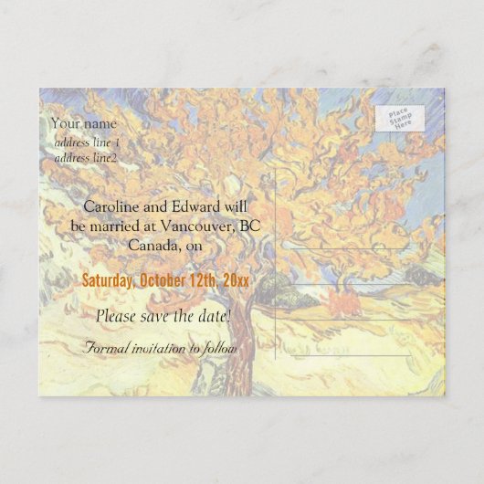 De moerbeenboom bewaart het datum-briefkaart. Vint Aankondigingskaart (Achterkant)