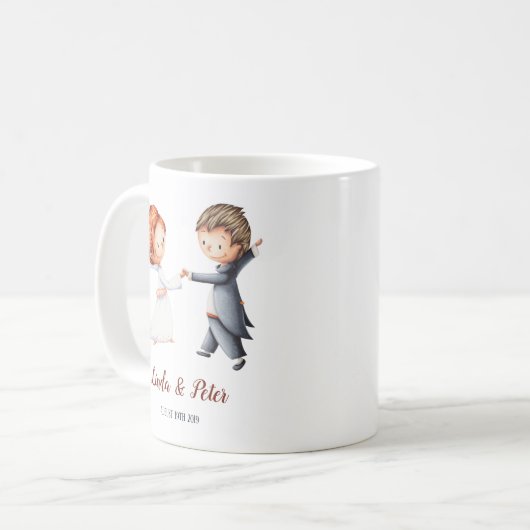 De mok van het huwelijk met een bruid- en bruindan (Voorkant links)