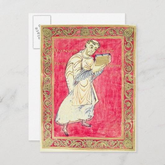 De monnik Ruodprehet presenteert zijn boek Briefkaart (Voorkant / Achterkant)