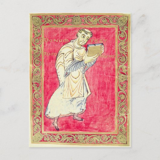 De monnik Ruodprehet presenteert zijn boek Briefkaart (Voorkant)