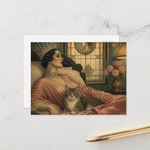 De mooie retro slaperige koningin en haar kat briefkaart