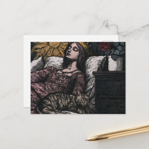 De mooie slapende koningin en haar kat Houtblok Briefkaart