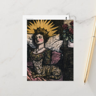 De mooie slaperige koningin en haar kat briefkaart