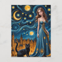 De mooie vrouw en kat in een nachtstad