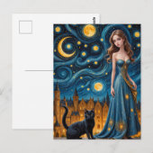 De mooie vrouw en kat in een nachtstad briefkaart (Voorkant / Achterkant)