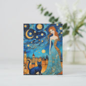 De mooie vrouw en kat in een nachtstad briefkaart (Staand voorkant)