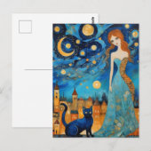 De mooie vrouw en kat in een nachtstad briefkaart (Voorkant / Achterkant)