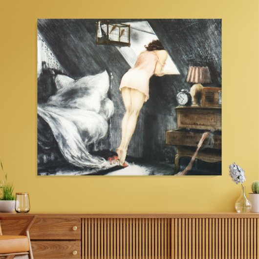 De mooie vrouw in de zolder canvas afdruk (Insitu (Woonkamer))
