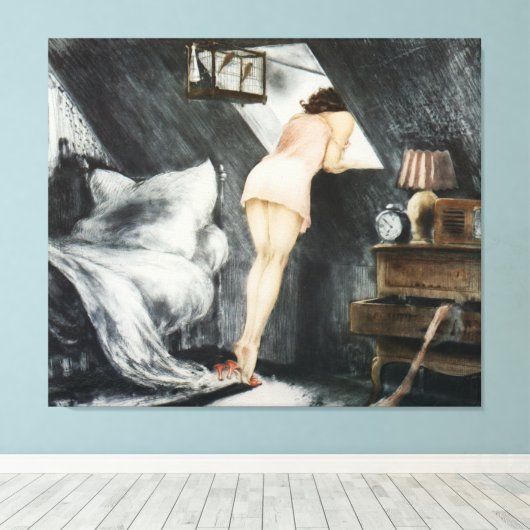 De mooie vrouw in de zolder canvas afdruk (Insitu (Houten vloer))